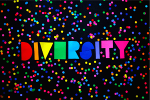 The word 'Diversity' is spelled out in bright rainbow colours